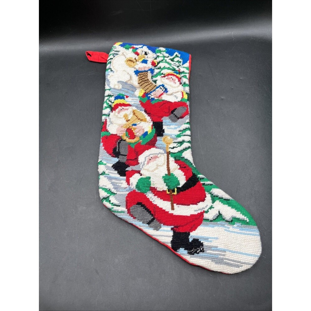 Needlepoint Christmas Stocking Polar Bear Santa Claus Music instruments Parade